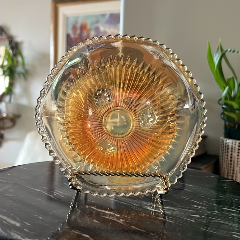 Vintage Jeannette Glass Anniversary Iridescent Footed Marigold Carnival Bowl
